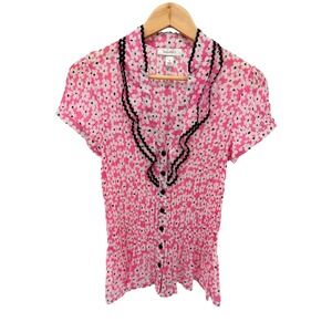 Dressbarn Pink Floral Pleated‎ Ruffle Button Blouse Romantic Cottagecore M